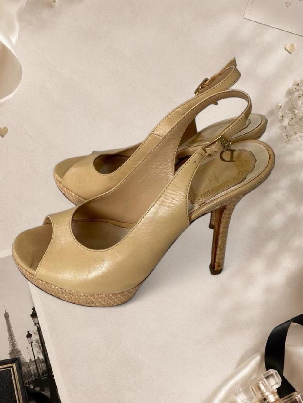 Dior Beige Peep-Toe Slingback Heels - Picture 1 of 8